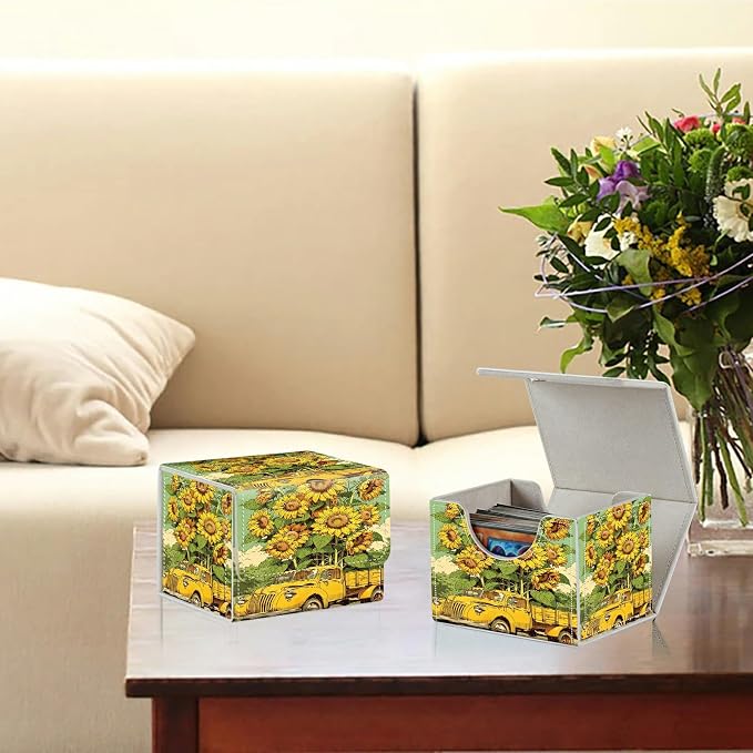 Card Deck Box for MTG, Cards Storage Box Fits 120+ Sleeved, Leather Small Size Strong Magnetic Closing Card Case for Board Games Magic TCG CCG Baseball Collection, Sunflower Truck
