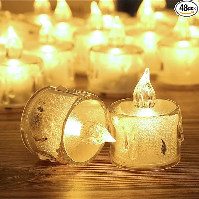 SupBri 48 Pack Flameless Tea Lights - Battery Operated Crystal LED Tealight & Votive Electric Fake Candles for Valentines & Christmas