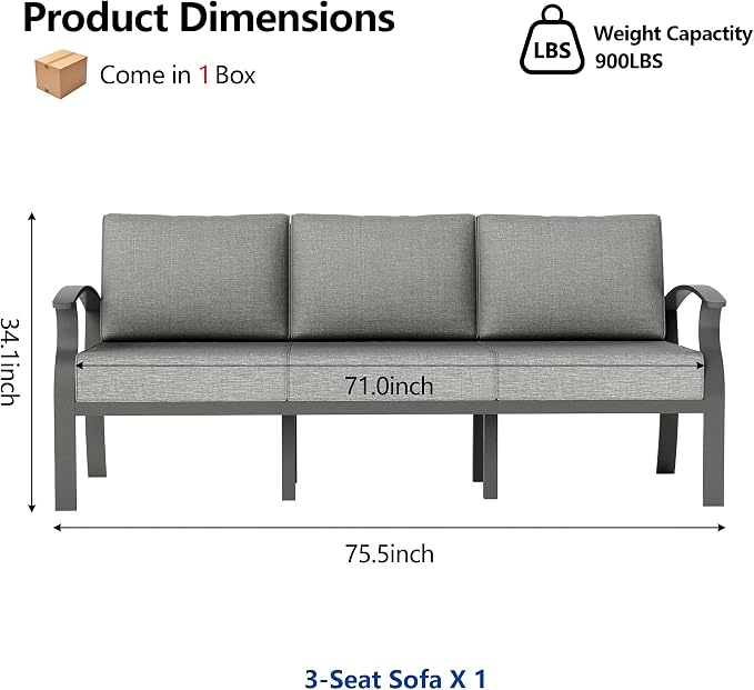 ALAULM Aluminum 3-Seat Patio Furniture Set, Metal Outdoor Furniture Sectional Sofas w/5.1" Cushions for Patio, Backyard, Poolside-Grey