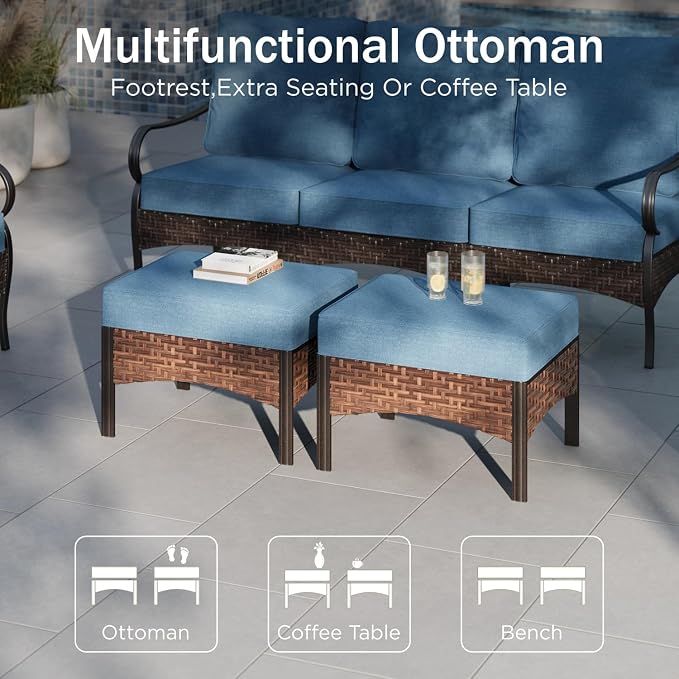 PHI VILLA Patio Furniture Set, Upgraded Wicker & Metal Modern Outdoor Conversation Sets Patio Sectional Fixed Chair Set with Coffee Table & Waterproof Thick Cushions for Porch, Deck(6 Pieces, Navy)