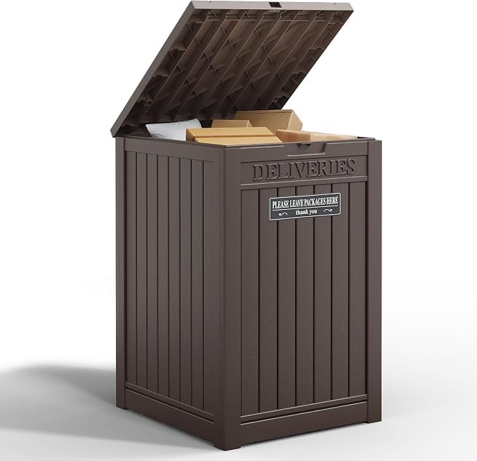 Package Delivery Box for Outside With Sign, Lockable Outdoor Storage Box Waterproof Deck Box, Large Double Wall Resin Parcel Drop Boxes, 48 Gallon, Brown