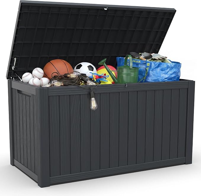 200 Gallon Deck Box, Lockable Waterproof Storage Box, Outdoor Storage Bin for Package Delivery, Patio Cushions, Gardening Tools，Pool Accessories and Sports Equipment (Black,200 Gallon)