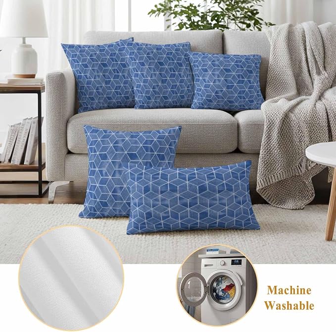 Blue Honeycomb Tiling Waterproof Outdoor Pillow Covers Set of 2 Home Decor, Wooden Grain Blocks Lumbar Pillowcase Patio Pillow Covers for Couch Bench Patio Furniture Garden 20x12in