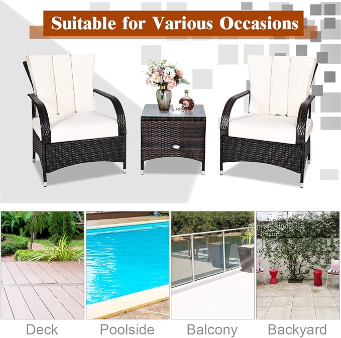 Tangkula 3-Piece Patio Conversation Set, Ourdoor Wicker Furniture Set, Rattan Coffee Table & Chairs Set with Cushions, Outdoor Conversation Set for Garden Balcony Backyard (Cream)
