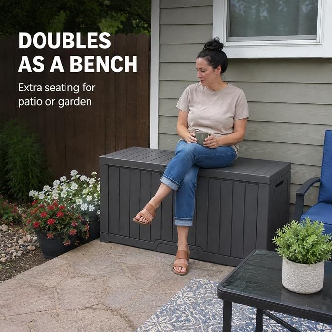 Outdoor Storage Box, Waterproof Deck Box with Buckle Lock, Patio Storage Box for Cushions and Outdoor Toy Storage, 30/60/80/100/120 Gallon PP Bench or Side Table for Patio Garden Backyard(30 Gallon)