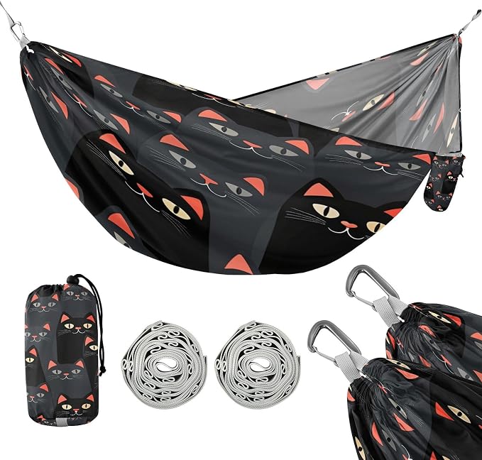 Black Cat Camping Hammock, Portable Lightweight Single Hammock with Tree Straps and Aluminum Carabiners, 114" x 54" Travel Hammock for Hiking Backpacking Beach