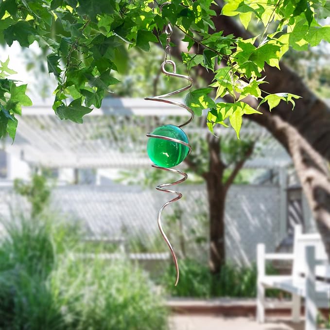 Aoedelyart Wind Spinner Tail Gazing Ball Spiral Decorative Wind Spinners Sun Catcher 11inch Tail and 2 inch Glass Orb. Indoor Outdoor Garden Decoration Wind Spinner Stabilizer -13 inch Height (Green)