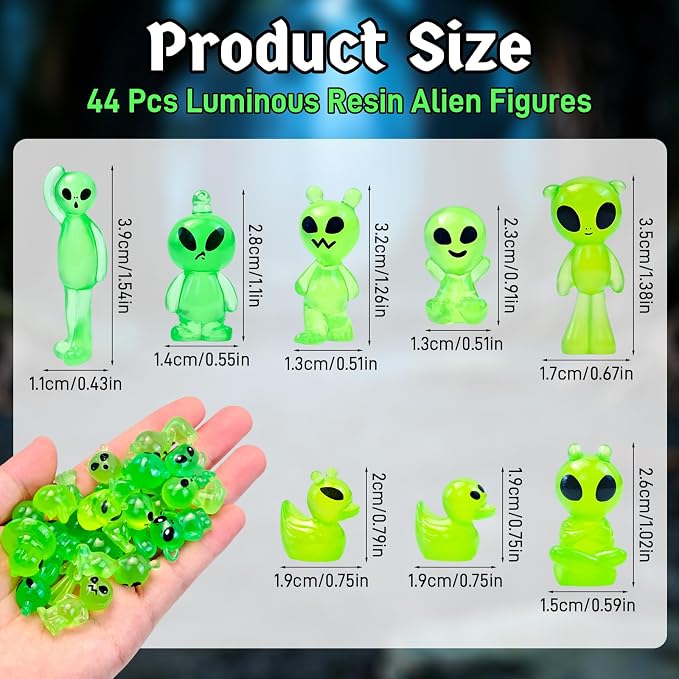 44 Pcs Luminous Mini Resin Alien Figures Glow in the Dark Alien Statues Miniature Figurines for Outer Space Party Micro Landscape Decor
