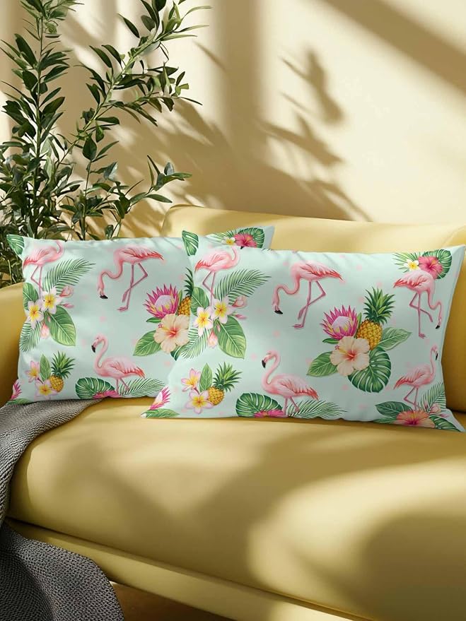 Outdoor Waterproof Throw Pillows 12x20in, Summer Flamingos Tropical Leaf Patio Pillows Pack of 2, Decorative Pillow Covers with Insert, Pillow Cushion Case for Garden Couch Sofa Pink Flower Pineapple