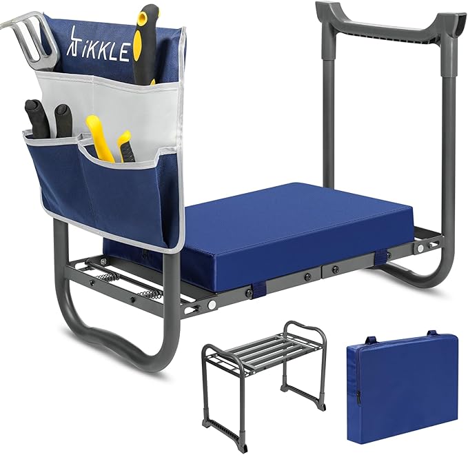 ikkle Heavy Duty Garden Kneeler and Seat, 838LB+ Capacity | Gardening Stool with Thicken & Widen Soft Kneeling Pad, Foldable Gardener Stool with Tool Pouch, Gift for Women, Gardeners