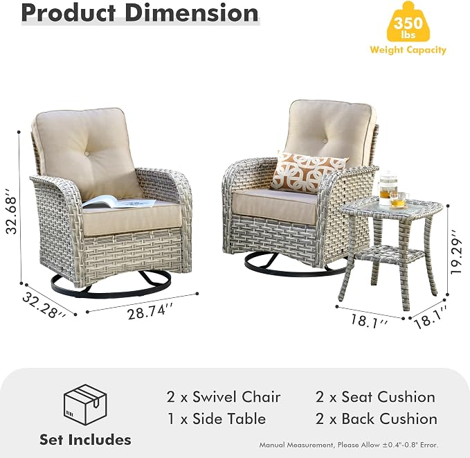 Outdoor Swivel Rocker Patio Chairs with Side Table,Wicker Swivel Rocking Chair Set of 2,3PCS High Back Wicker Patio Furniture Set Glider Chairs for Porch, Balcony, Deck and Yard,Beige