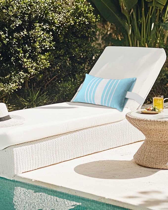 Pack of 2 Outdoor Lumbar Pillow Covers 12x20 Inch, Aqua White Stripe Waterproof Throw Pillow Covers Set, Modern Rustic Vertical Striped Indoor&Outdoor Decorative Cushion Cases for Patio Porch Beach