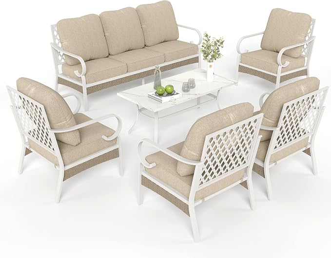 MIXPATIO 6 Piece Patio Furniture Set, 4 x Fixed Chair, 1 x 3-Seat Sofa with Marbling Coffee Table, All Cushioned 7 Seats Outdoor Conversation Set for Lawn Garden Backyard, Beige