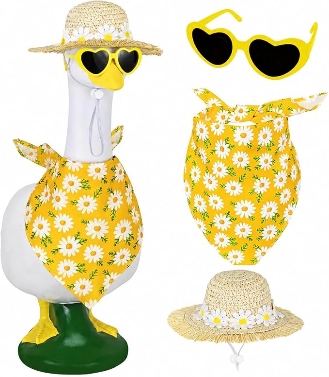 Summer Daisy Porch Goose Outfit Set, Straw Sun Hat Heart Sunglasses Yellow Daisy Bandana, Fits 23 Inch Lawn Goose Statue, Holiday Decor Outfit, Outdoor Garden Yard Goose Decor.