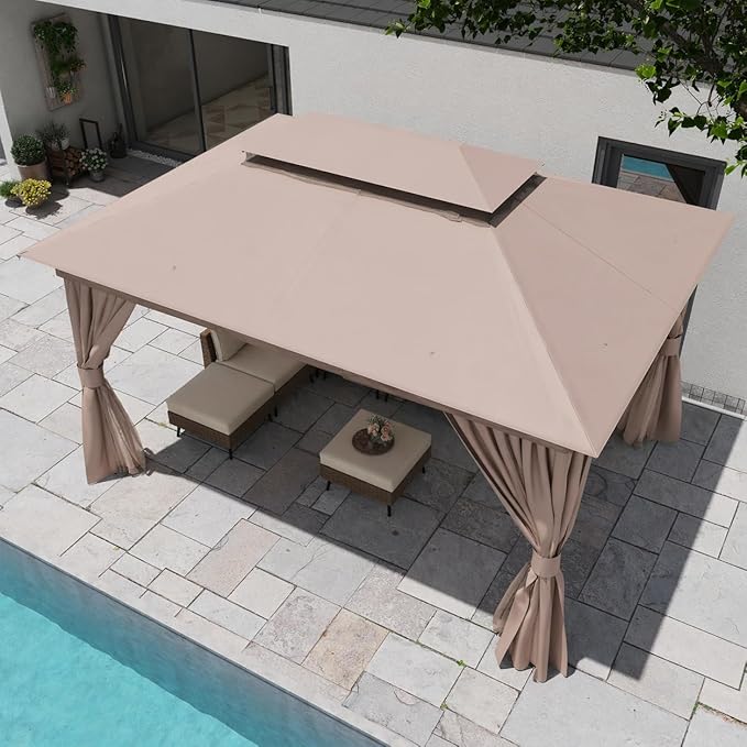 LAUSAINT HOME Patio Gazebo 10'x13', Outdoor Heavy Duty Party Tent Shelter with Double Roofs, Mosquito Nettings and Privacy Screens for Backyard, Garden, Lawn, Khaki