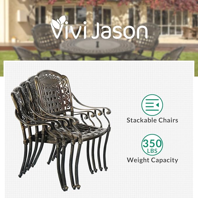 VIVIJASON 5-Piece Patio Furniture Dining Set, All-Weather Cast Aluminum Outdoor Conversation Set, Include 4 Cushioned Chairs and a 35.4" Round Table w/Umbrella Hole for Balcony, Garden, Red Cushion