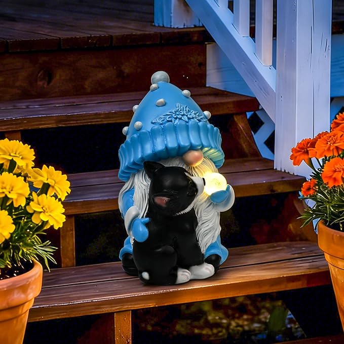 GIGALUMI Solar Garden Statue, Gnome with Dog Outdoor Decor, Gnomes Decoration Gifts with LED for Patio Yard Lawn Balcony, Christmas/Birthday Gift for Mom Women