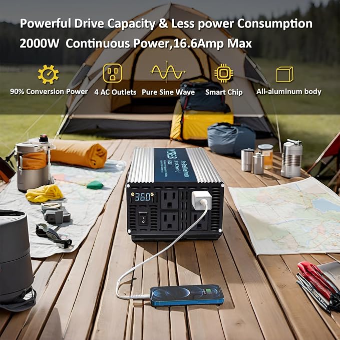 WZRELB 2000W Pure Sine Wave Inverter 36V DC to 110V 120V AC Power Converter with LED Display, Remote Controller, Off-Grid Power Inverter 4000W Surge with 4 AC Outlets,for Home, RV, Truck, Camping