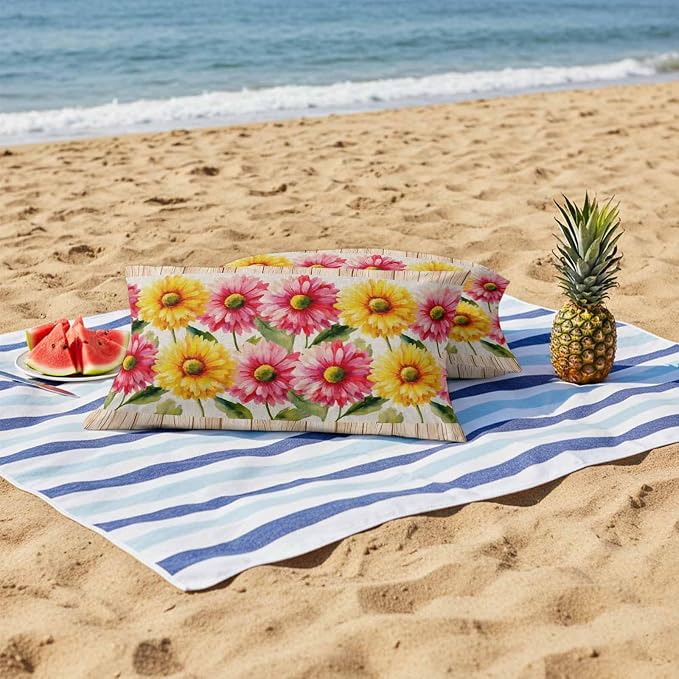 Yellow Pink Daisy Outdoor Pillow Covers 20"x12" Set of 2, Rustic Farmhouse Boho Brown Wood Grain Waterproof Throw Pillow Covers for Patio Furniture, Decorative Cushion Covers for Porch