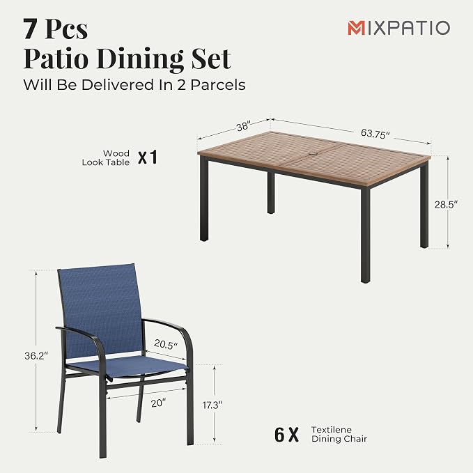 MIXPATIO 7 Pieces Patio Table and Chairs Set, Patio Dining Set for 6, 6 Textilene Chairs and 1 Wood-Like Rectangle Steel Table with Umbrella Hole, for Deck Backyard Lawn Poolside, Blue