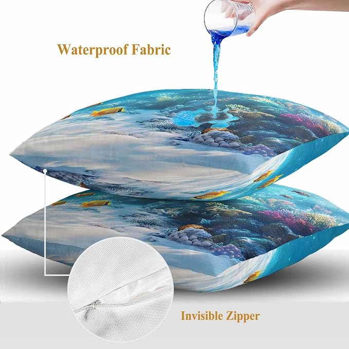 JasmineM Outdoor Pillow Cover Set of 2 Ocean Shark Waterproof Throw Pillow Covers Underwater Decorative Pillowcases Garden Cushion Case for Patio Couch Sofa 20x20 Inch