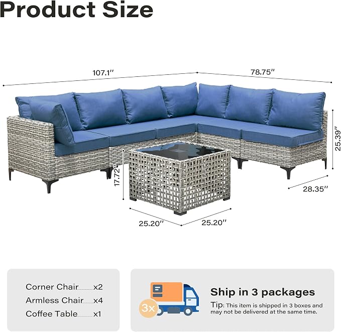 7 Pieces Patio Furniture Set with Solar Light Coffee Table, All-Weather Rattan Outdoor Sectional Conversation Sets L Shaped Sofas with Thick Cushions for Porch Balcony Backyard Denim Blue