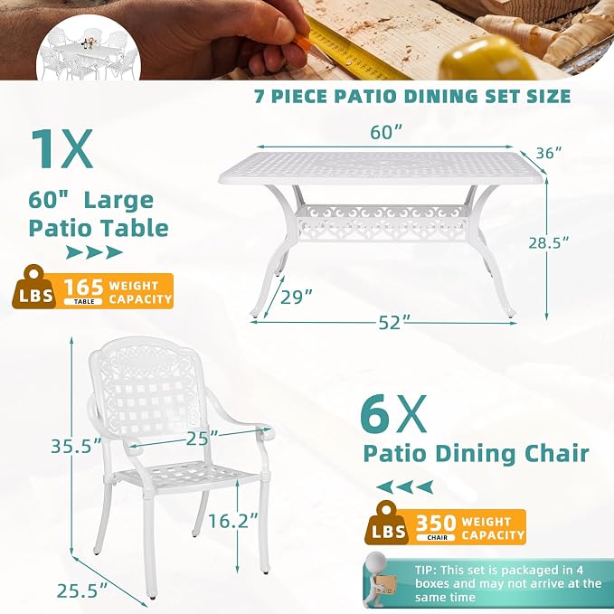 MEETWARM 7-Piece Outdoor Patio Dining Set, 6 Outdoor Dining Chairs and 1 Rectangle Table with 2" Umbrella Hole, All Weather Cast Aluminum Patio Funiture Set for Backyard, Patio(White)