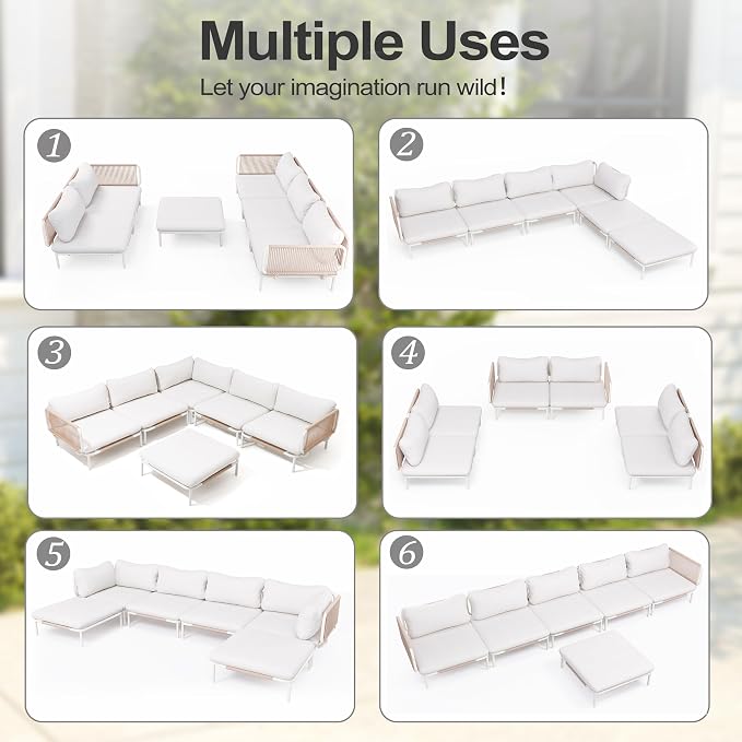 6-Piece Patio Furniture Set, Oversized Outdoor Sectional Sofa with Thick Cushions, Weather-Resistant Metal Frame Conversation Set for Backyard, Garden, Poolside - Beige Cushion
