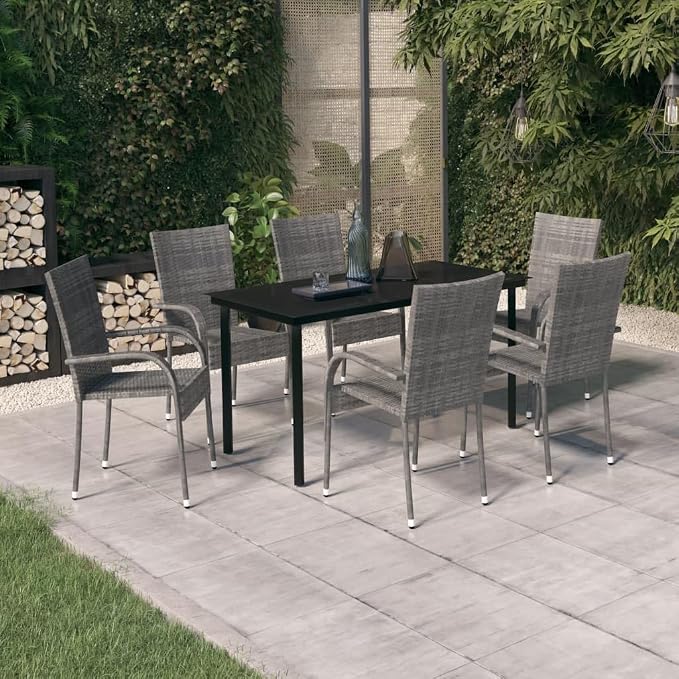 7 Piece Patio Dining Set Gray and Black Outdoor Rattan Table and Chairs for 6 with Tempered Glass Top, Weather Resistant Steel Frame for Garden Yard Deck Backyard Dining