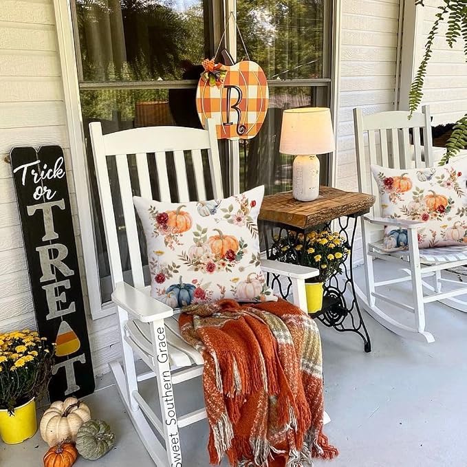 RABUSOFA Fall Pillow Covers 18x18 Inch Set of 2 Orange Pink Dark Blue Pumpkin Rust Floral Thanksgiving Autumn Harvest Outdoor Throw Cushion Cases Seasonal Fall Farmhouse Decorations for Home Couch