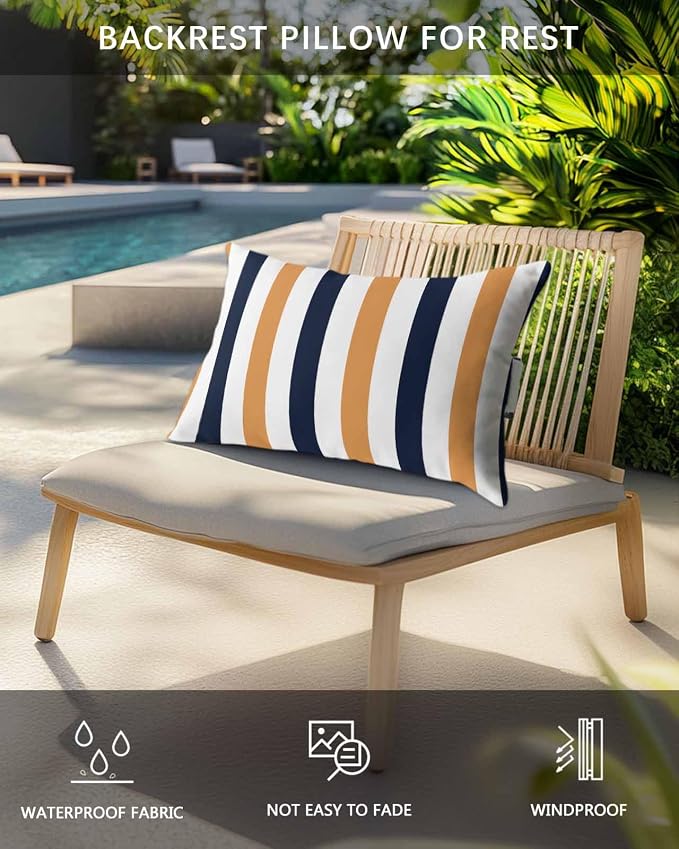 Pack of 2 Outdoor Lumbar Pillow Covers 12x20 Inch, Burnt Orange Navy Blue Striped Waterproof Throw Pillow Covers Set, Farmhouse Stripe Art Indoor&Outdoor Decorative Cushion Cases for Patio Porch Beach