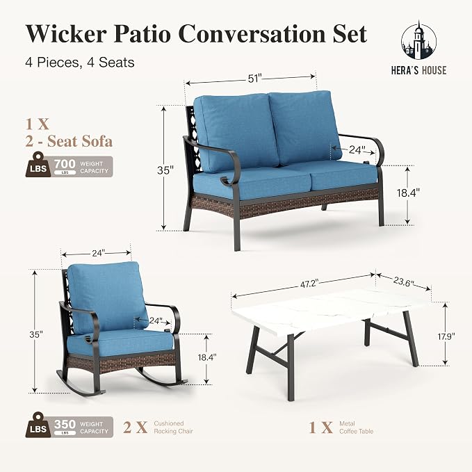 HERA'S HOUSE 4 Piece Metal Patio Furniture Set, 2 x Rocking Cushioned Chair, 2-Seat Lover Sofa with Coffee Table, All Weather Outdoor Conversation Set for Lawn Garden Backyard Deck, Navy Blue