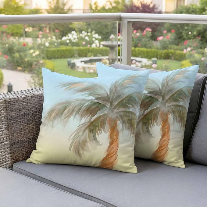 Yukro Summer Palm Tree Outdoor Waterproof Pillow Covers Pack of 2, Coastal Tropical Plant Watercolor Texture Throw Pillowcases Decorative Cushion Covers for Garden Patio Tent Sofa Couch, 20x20 inch