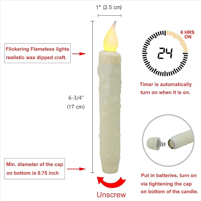 CVHOMEDECO. Real Wax Hand Dipped Battery Operated LED Timer Taper Candles Country Primitive Flameless Lights Décor, 6-3/4 Inch, Ivory, 3 PCS in a Package