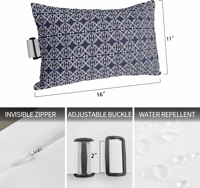 Blue Geometric Abstract Outdoor Pillows for Chaise Lounge Chair Beach Headrest Pillow Set of 2 Waterproof Lumbar Pillows with Insert&Strap Contemporary Modern Art White Pillow for Patio Pool 11"x16"