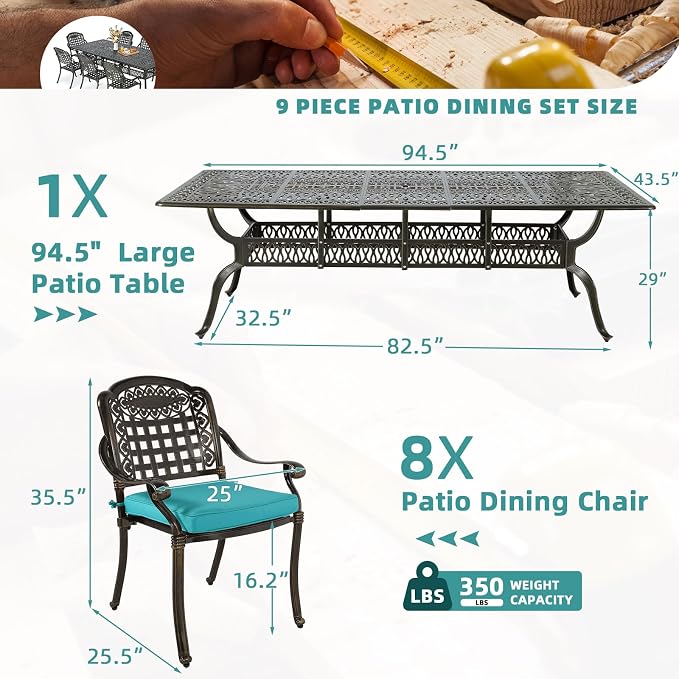 MEETWARM 9-Piece Outdoor Patio Dining Set for 8, All Weather Cast Aluminum Patio Funiture Table and Chairs Set- 94.5” Rectangular Table and 8 Cushioned Chairs for Garden, 2" Umbrella Hole, Ocean Blue