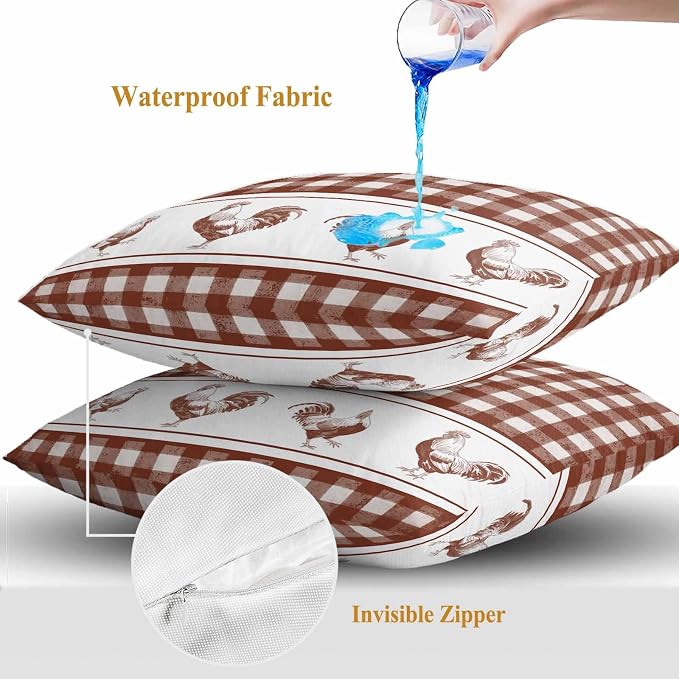 Outdoor Waterproof Throw Pillow Covers Set of 2 Chicken Cock Rooster Pillowcases 26x26 Inches Farmhouse Animal Red Buffalo Plaid Decorative Pillows Cushion Case Patio Pillows for Couch Bed Chair