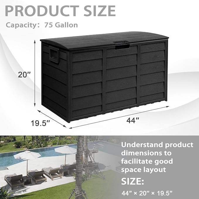 Crownland 75 Gallon Outdoor Storage Deck Box Patio Sun-proof Woodgrain Patio Storage Box for Patio, Garden, Balcony,Black