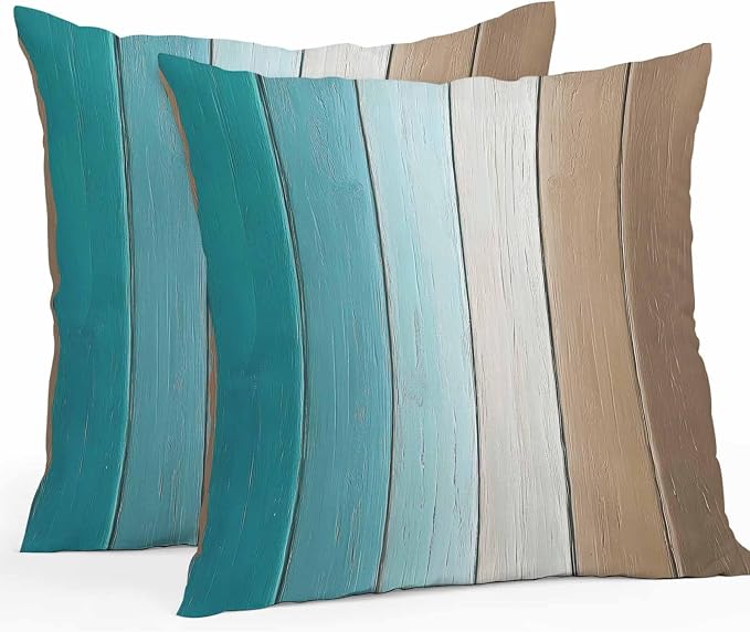 Throw Pillow Covers 20x20 Inch Set of 2, Aqua Brown Ombre Waterproof Outdoor Cushion Covers, Vintage Country Wooden Decorative Pillowcases for Couch, Sofa, Bed, Garden, Patio