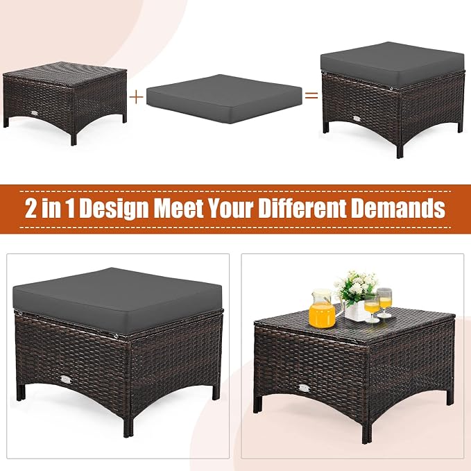 COSTWAY 5PCS Patio Wicker Rattan Furniture Set, Loveseat Sofa with Ottomans and Cushioned Chairs, Conversation Sets for Outdoor Garden Backyard