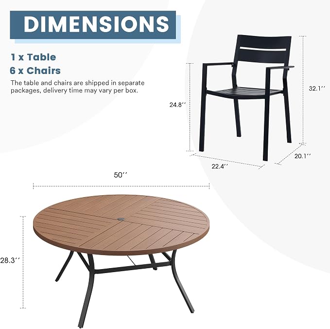 DIFY 7 Piece Outdoor Patio Dining Set for 6, 50" Round Dining Table with Umbrella Hole and Stackable Metal Chairs, Patio Table and Chairs Set for Backyard Garden Poolside, Walnut & Black