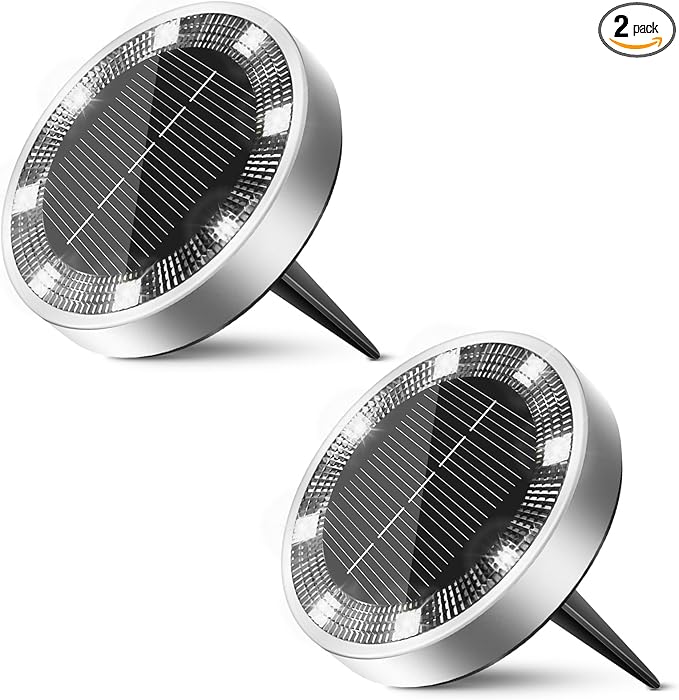 2 Pack Solar Ground Lights Outdoor, 8 LED Mini Flat Solar Disk Lights, IP65 Waterproof Anti-Rust Disc Light, Landscape Lighting for Garden Pathway Yard Walkway Driveway Lawn,Cool White