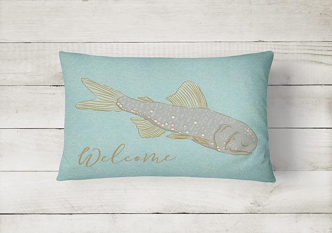 Caroline's Treasures BB8550PW1216 Fish Welcome Canvas Fabric Decorative Pillow Machine Washable, Indoor Outdoor Decorative Pillow for Couch, Bed or Patio, 12HX16W