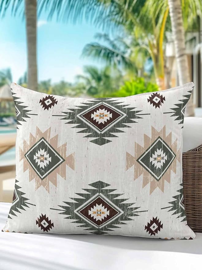 Waterproof Outdoor Pillow 1 Pack Sage Green Boho Aztec Decorative Throw Pillows Cover & Insert 16x16 Inch Pillowcase Southwest Tribal Style Pillows for Couch Sofa Bed Patio Furniture Indoor Outdoor