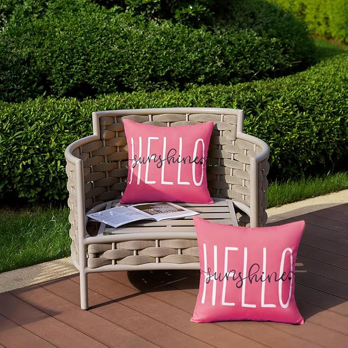DFXSZ Hot Pink Outdoor Waterproof Pillow Covers 18x18 Set of 2 | Hello Sunshine Decor Spring Summer Polyester Pillow Covers(NO INSERTS)| Decor for Patio Funiture Garden Sofa Couch
