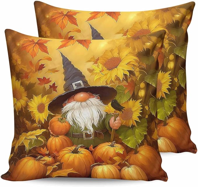Outdoor Waterproof Throw Pillow Covers 24x24in, Fall Harvest Pumpkins Gnome Cushions for Garden Patio Furniture Chairs Set of 2, Thanksgiving Sunflowers Home Decor Couch Sofa Polyester Pillow Cases