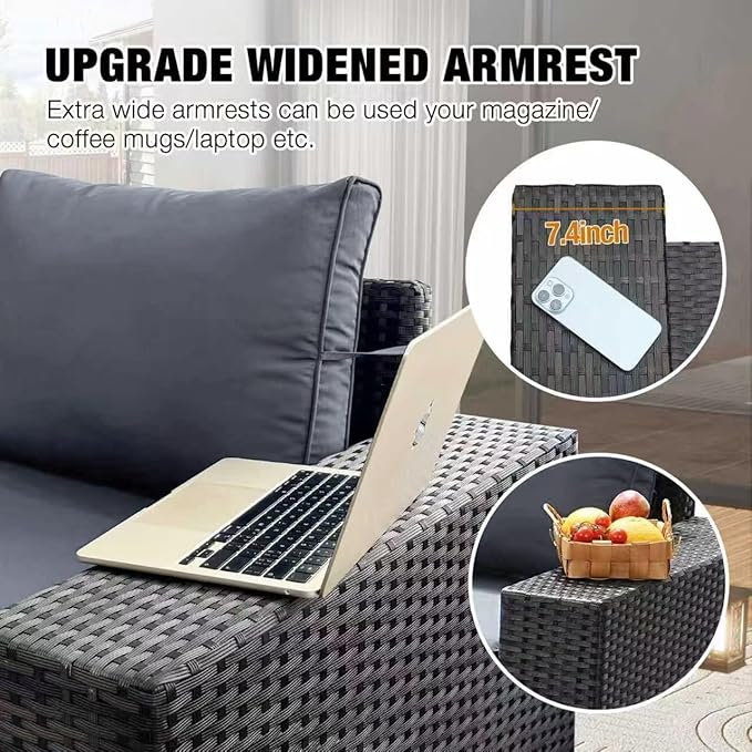 JOYURE 5 Pieces Patio Furniture Set All-Weather Outdoor Wicker Sectional Conversation Sofa Rattan Patio Seating Sofa with Cushion and Glass Table for Porch Poolside,Grey