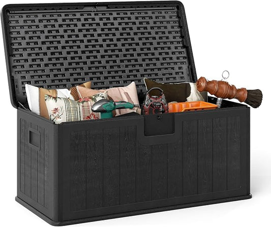 HAPPYGRILL Outdoor Storage Deck Box with Lockable Design & Gas Strut, Handle, 100 Gallon HDPE Patio Storage Organizer for Lawn Backyard Poolside (Black)