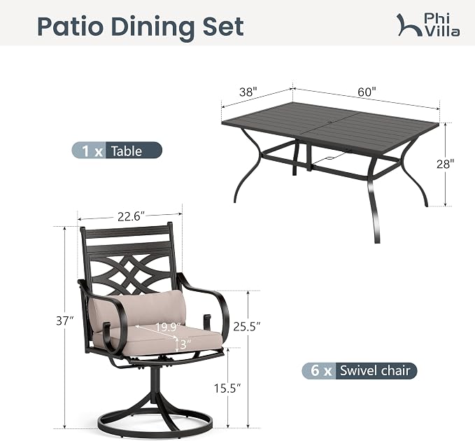 PHI VILLA 7 Piece Patio Dining Set, Swivel Chairs, Rectangular Steel Table | Metal chairs, Beige Cushion, Cushions, E-coated