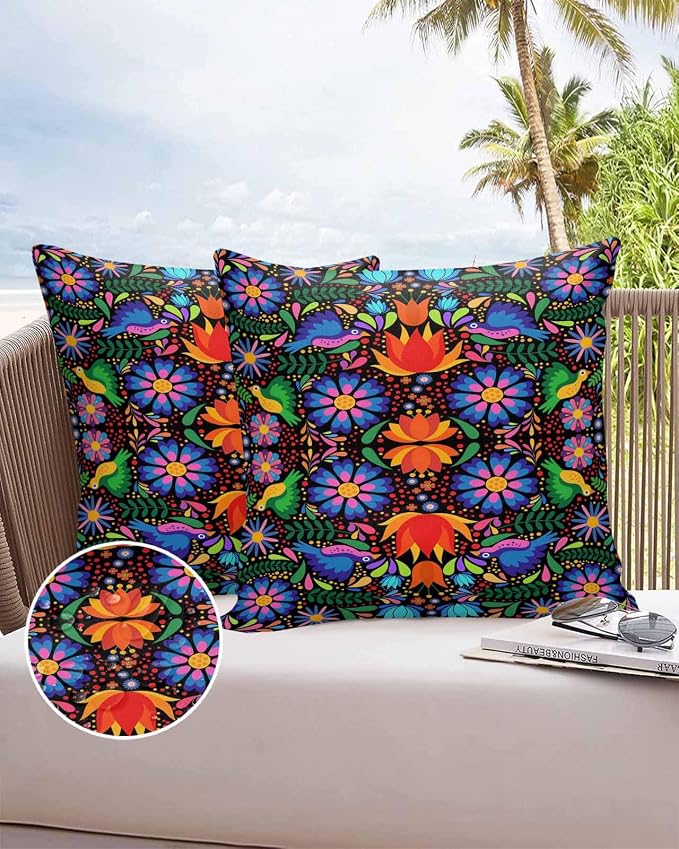 Outdoor Waterproof Throw Pillow Covers Set of 2 Colorful Mexican Floral Pillowcases 16x16 Inches Bird Rustic Assorted Flower Decorative Pillows Cushion Case Patio Pillows for Couch Bed Chair Garden